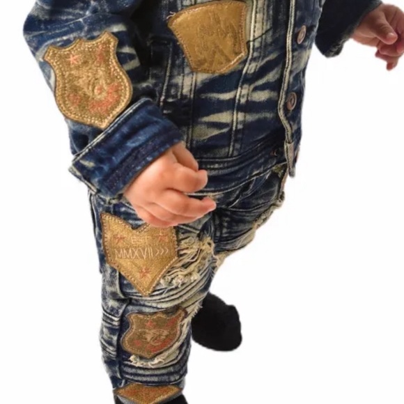 BOYS’ RIBBING MOTO JEANS WITH PATCHES-INDIGO - Picture 2 of 3